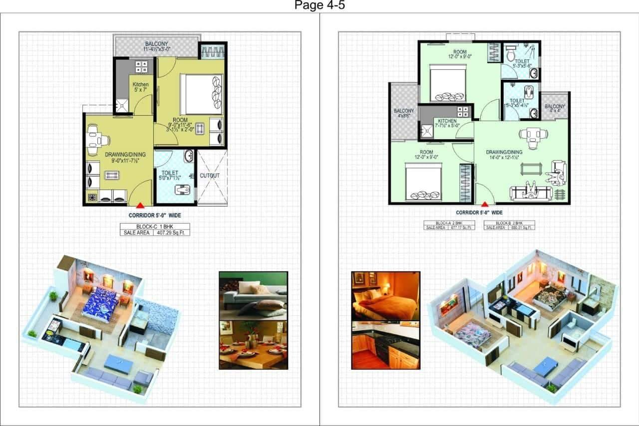 1BHK (407 sq ft) & 2BHK (671/690 sq ft) Floor Plans